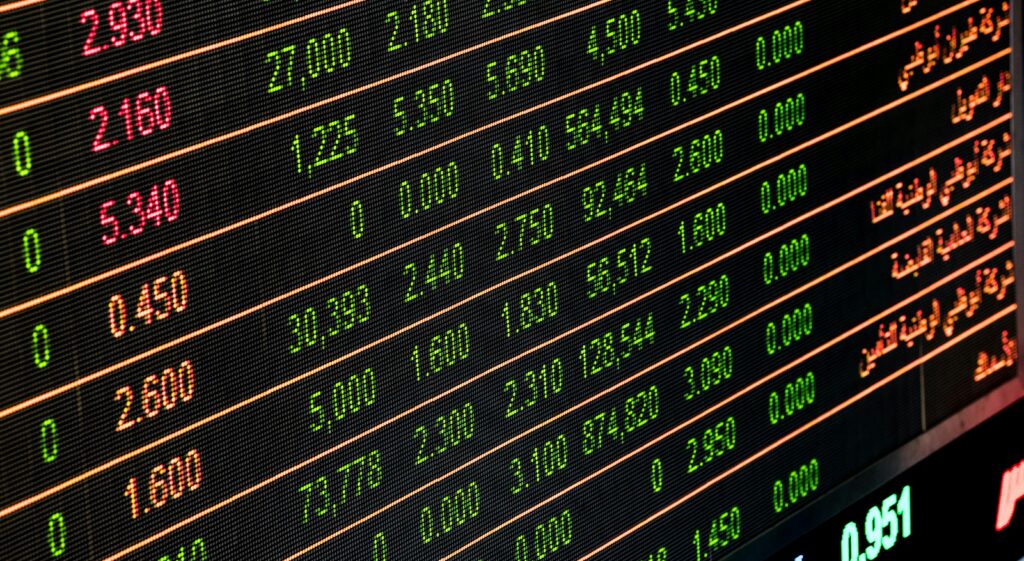 Detailed view of a stock market screen showing numbers and data, symbolizing financial trading.